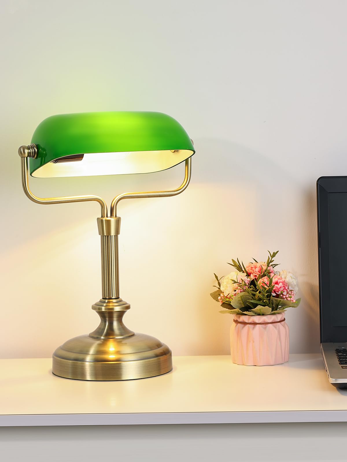 Green Bankers Lampe de bureau, abat-jour en verre réglable, lampe vintage avec interrupteur tactile pour bureau à domicile, lampe piano, ampoule LED 6 W incluse