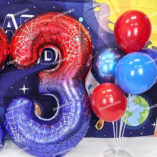 Image of 40 In Red And Blue Spider Theme Large Number 1 Balloon | Giant Large Helium Foil Balloon for Boy or Girl 1 th Birthday Wedding Anniversary Baby Shower Party Decorations