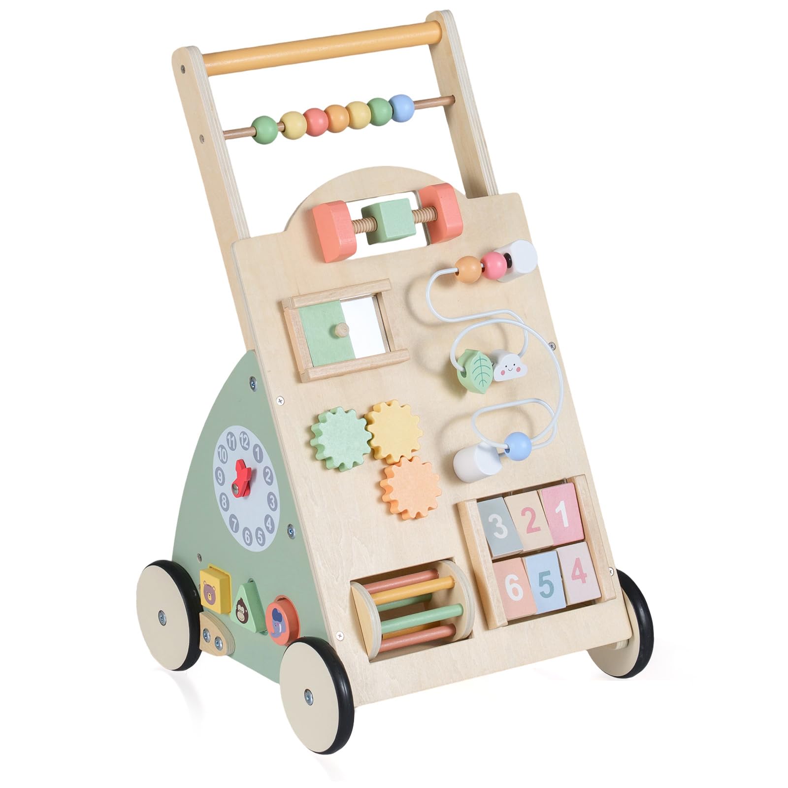 Maxmass 10 in 1 Baby Walker, Wooden Sit to Stand Learning Walker with Counting Beads, Sliding Block, Shape Sorter, Rolling Drum, Rotating Blocks, Toddler Push Along Toy for 1+ Year Old