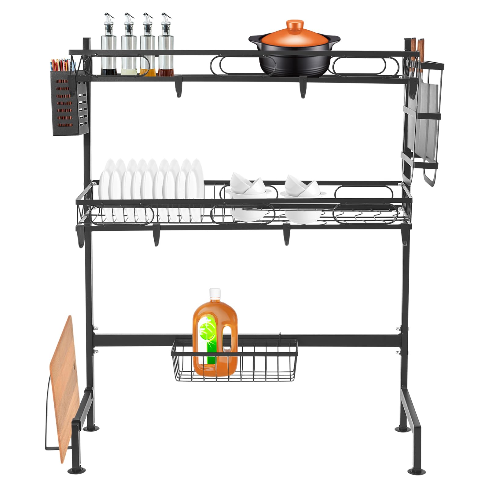 Abtropfgestell Geschirr, 2-Stufiges Geschirrabtropfgestell Hohe Leitplanke Anti-Rutsch-Saugnapf 10kg Belastbar (Jede Ebene) Vielfältige Ablagefächer Durchbrochenes Gitterdesign