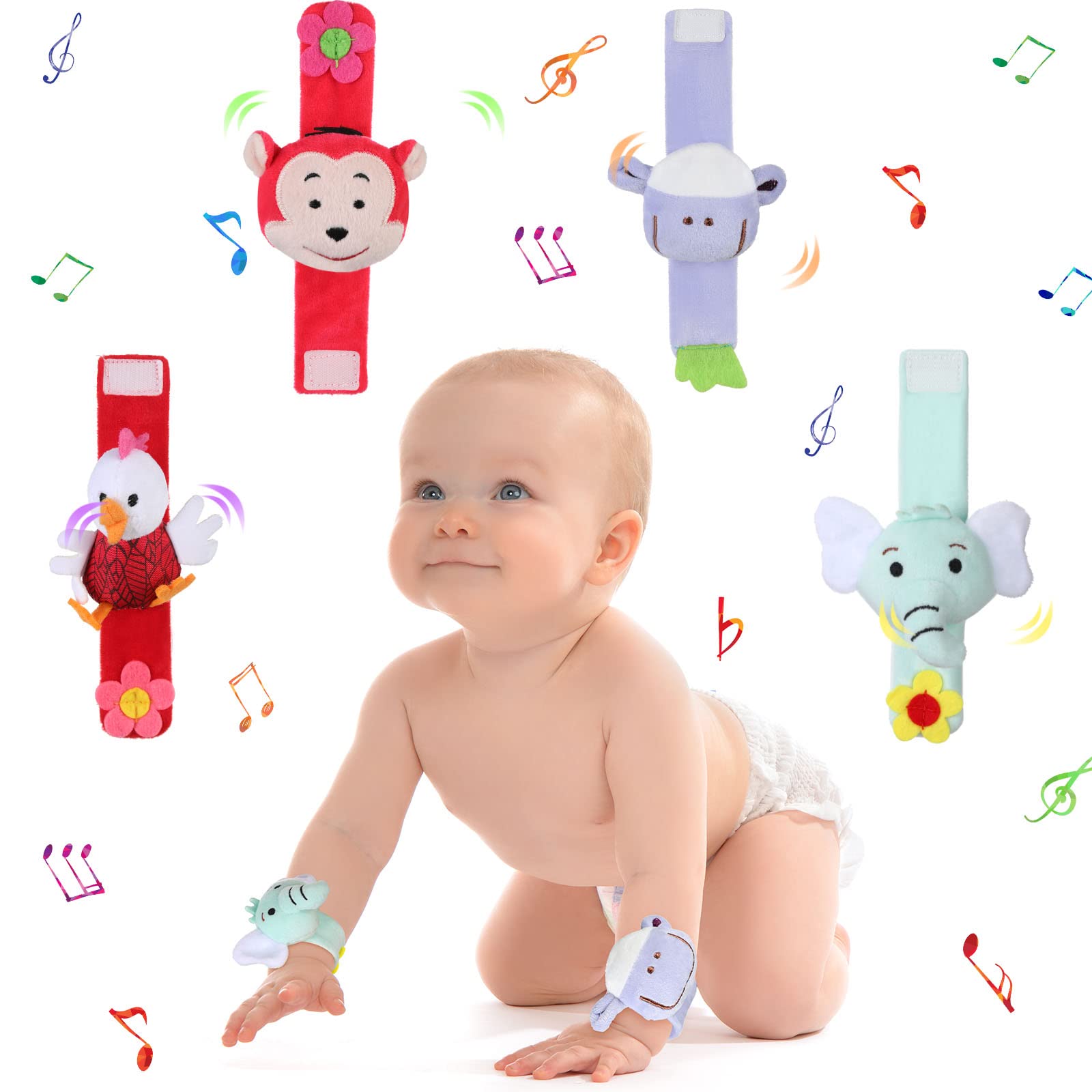 4 piezas de sonajeros de muñeca con patrón de animales para recién nacidos, juguete para bebés de 0 a 12 meses, regalos de cumpleaños, juguetes educativos, 4 diseños (oveja, perro, pollo, mono)