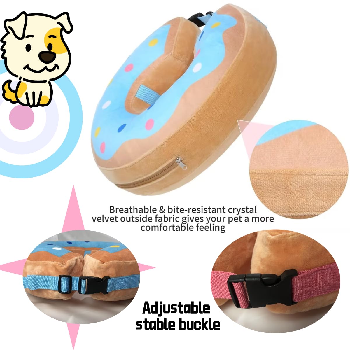 Little Bean Inflatable Dog Elizabethan Collar Soft Dog Cone Collar Soft Protective Recovery Pillow for Big Dogs Prevent Pet from Licking Biting Wound Healing (Blue Donuts - Image 4