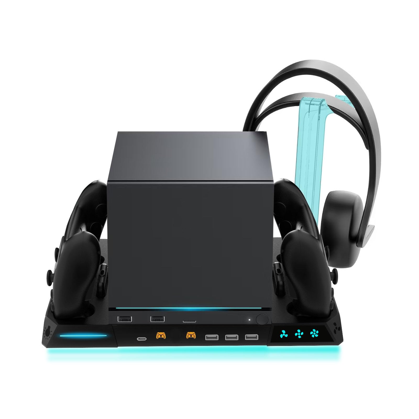 Base de carga para máquina de vapor con ventilador de refrigeración de 3 velocidades, luces RGB, 2 cargadores de controlador, hub USB, soporte para auriculares