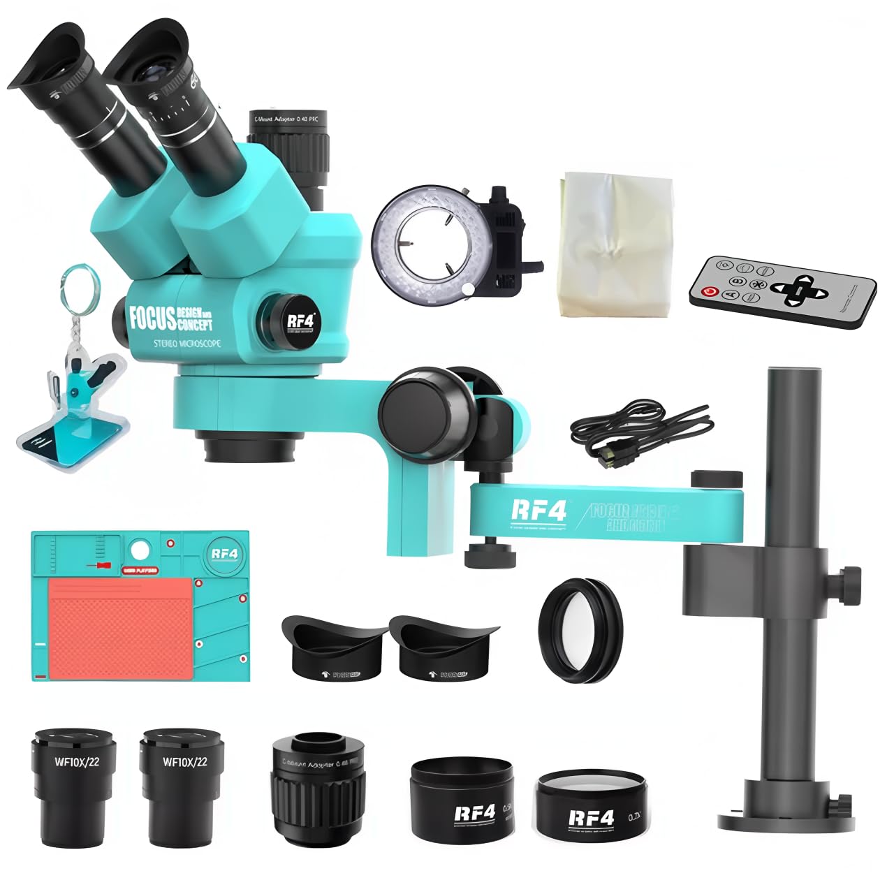Microscopio estereoscópico trinocular con Brazo articulado de rotación 360°, Base de Campo Amplio, Compatible con cámara HDMI 4K/2K y teléfono para Soldadura y reparación de PCB (RF-6555PROMAX-F019)