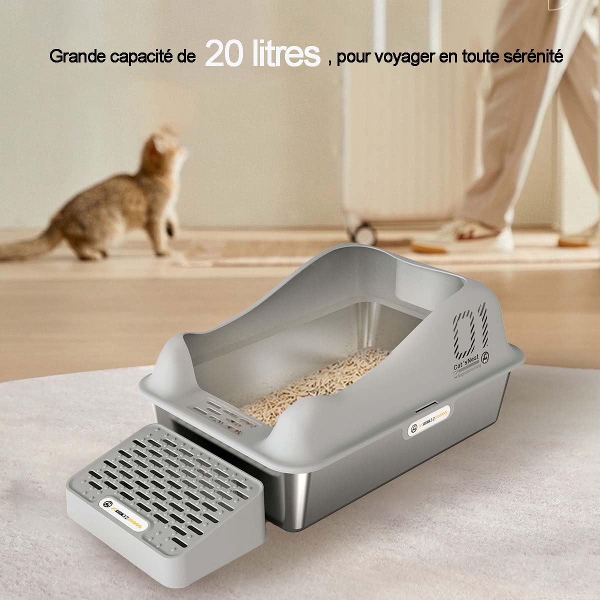 SZEETECH Kattenbak van Roestvrij Staal Met Deksel, Kattenbox Groot XL,Stainless Steel Cat Litter Box, Gesloten Kattentoilet Met Hoge Rand, Twee Ingangen, Schepje Matje Opstapje- 60x 40x39,5cm (Zwart