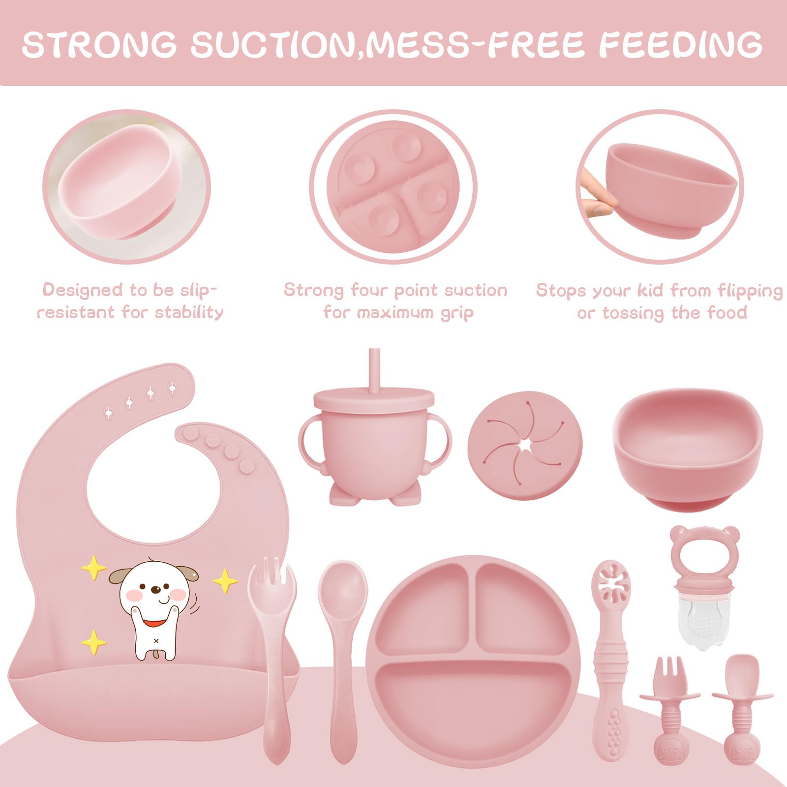 Set Pappa per Bambino, 12 Pezzi, Set Pappa Svezzamento per Bambini in Silicone, Senza BPA, Set di Posate per Bambini Antiscivolo con Ventosa Piatto Ciotola Tazza Bavaglino (Rosa chiaro)
