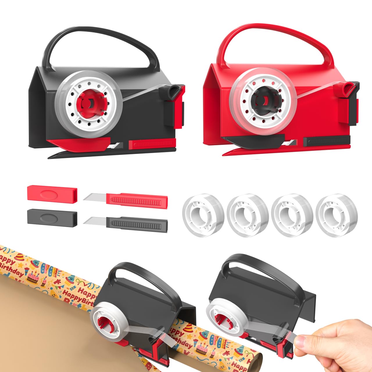 Quuylin 2Pcs Coupe Papier Cadeau, 2 lames et 4 rubans adhésifs | Massicot Rouleau de Papier Cadeau de Noël, Massicot Remplaçable, Pour le Papier Cadeau, Noël, Emballage Cadeau