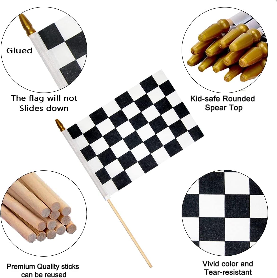 4 Pcs 8×12 inch Checkered Flag, Black and White Racing Flag on Wood Stick - Hand Held Stick with Kid-Safe Spear Top, Children's Party Decoration
