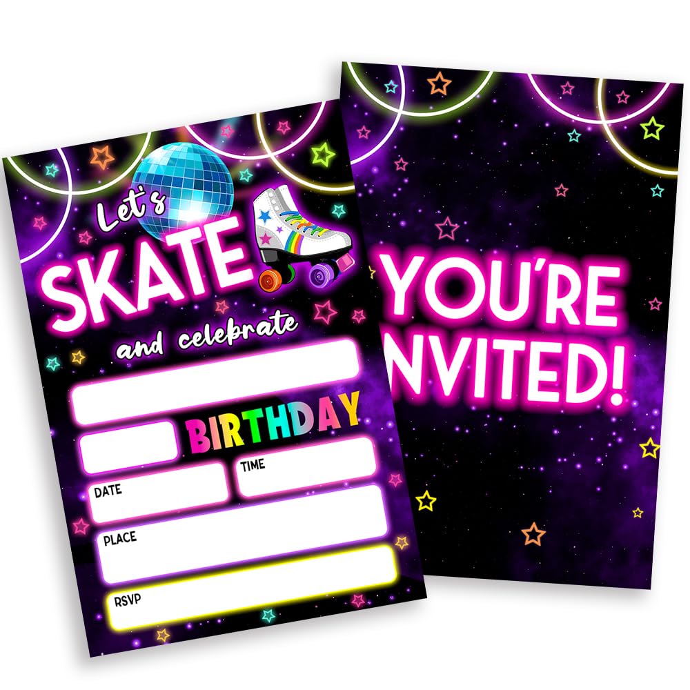 Let's Skate Party Invitations, 20 Double-Sided Fill-In Neon Themed Roller Skating Party Birthday Invitation with Envelopes for Kids Boys Girls, Party