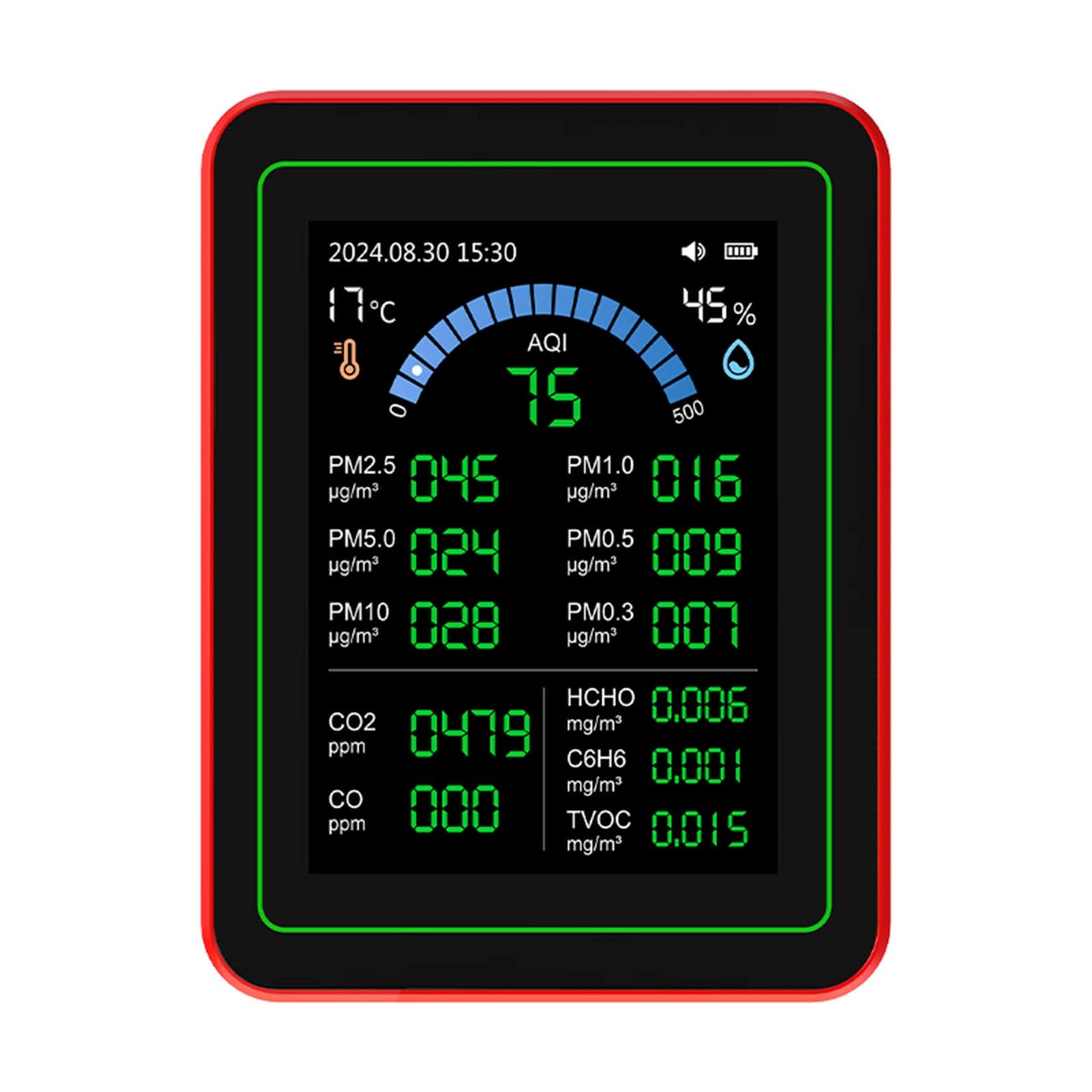 Indoor Air Quality 18 in 1 CO2 TVOC HCHO PM2.5 PM10 Temp Heid Delectect Testers with Data Storage Black for Home