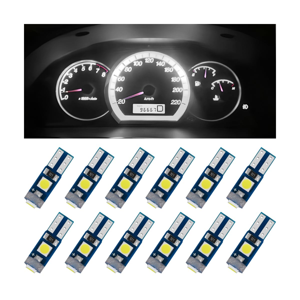12PCS 12V Car T5 LED Bulbs, 6000K Auto Interior Bulb Error Free, Vehicle Dashboard Dash Instrument Panel Gauge Cluster Indicator Lights Lamp, Universal for T5 74 37 882 17 18 (White)