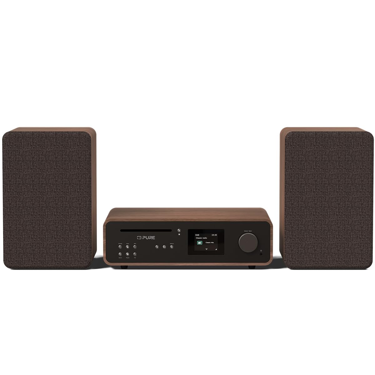 Pure Sistema de música HiFi estéreo clásico - Radio Internet, Dab+/​FM, Bluetooth 5.2, Reproductor de CD, USB, Spotify Connect, AUX, Entrada óptica, Sonido Estéreo 100W - Coffee Black/​Walnut
