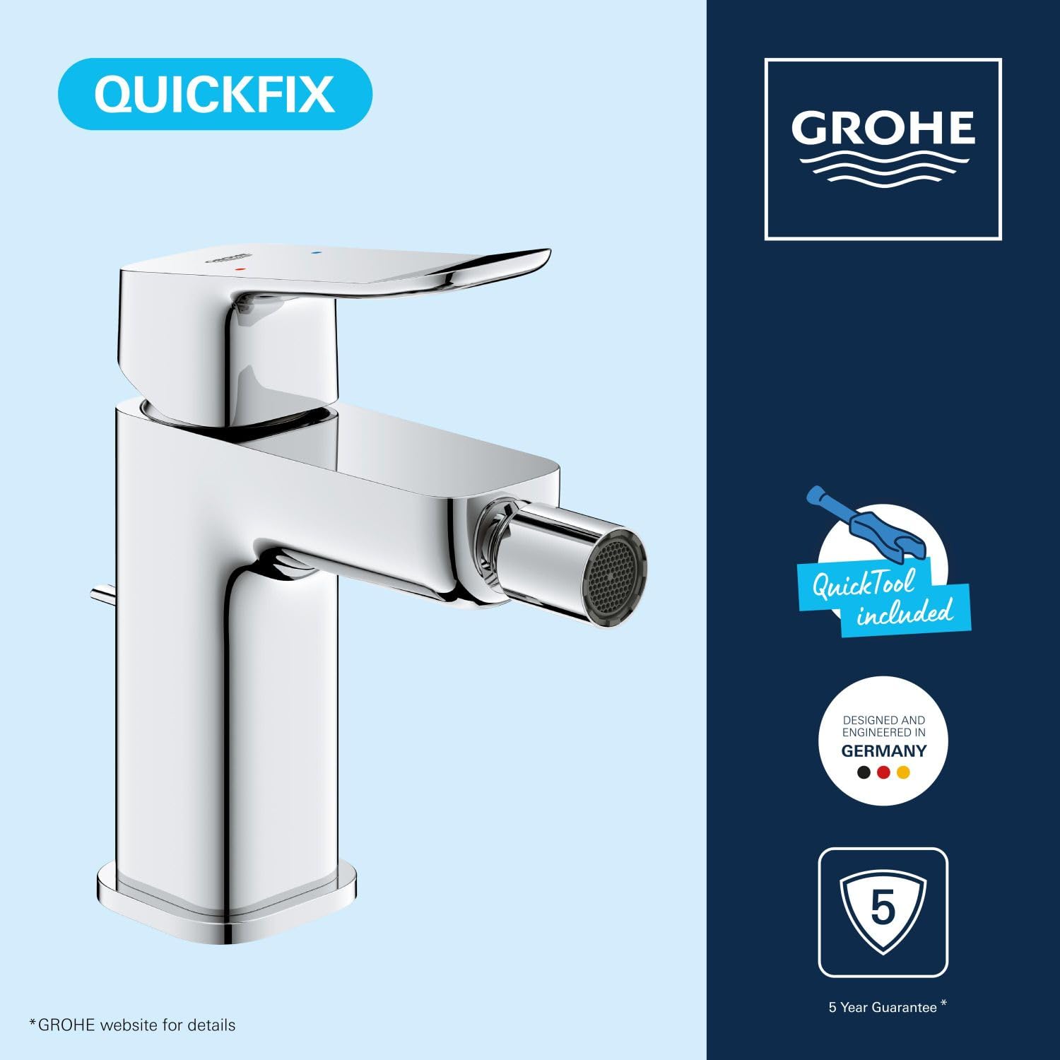 GROHE Dice Lever Bidet Mixer Tap with Pop-Up Waste Set (S-Size 151 mm, Ball Joint, 28 mm Ceramic Cartridge, Water Saving - Image 2