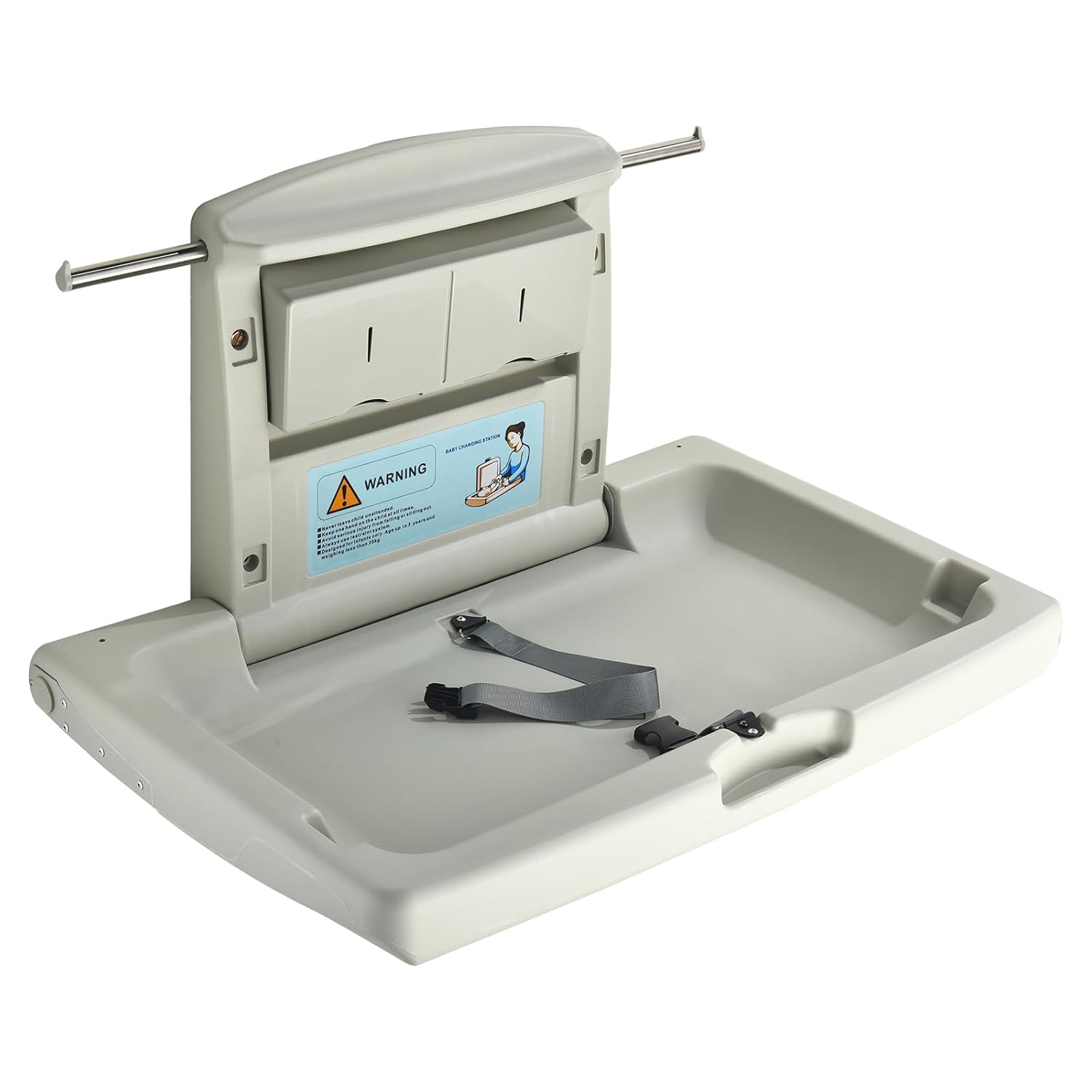 Fold-Down Baby Changing Station - Wall-Mounted, Space-Saving Design with Safety Straps for Commercial & Residential Restrooms (Grey)