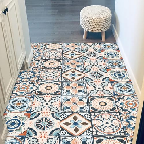 Baldosas Adhesivas Bohemia Azul Naranja Vinilos Baño Pvc Azulejo Adhesivo Cocina Impermeable Vinilo Adhesivo pared Cocina Vinilos Azulejos Autoadhesivo Losetas Vinilicas 15x15cm/10 Piezas