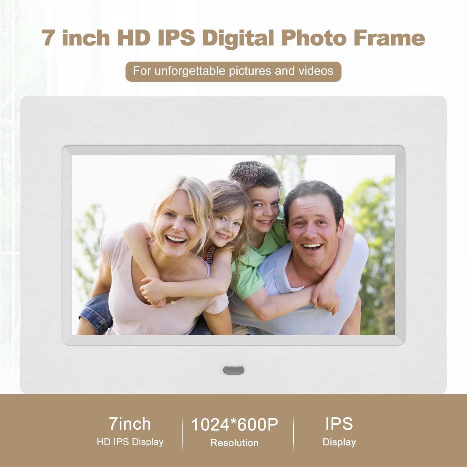 Cadre photo numérique 17,8 cm, cadre photo numérique 1024 x 600 Full IPS avec lecteur photo/musique/vidéo/calendrier/alarme, cadre photo électronique avec télécommande