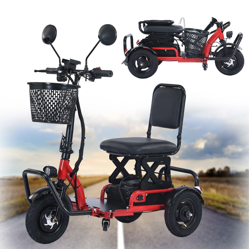 HZWJD Scooters De Movilidad Livianos De 3 Ruedas Para Adultos,Scooter De Movilidad Eléctrico Para Personas Mayores,Scooter De Movilidad Plegable,Con Cargador Y Canasta Incluidos red,20ah