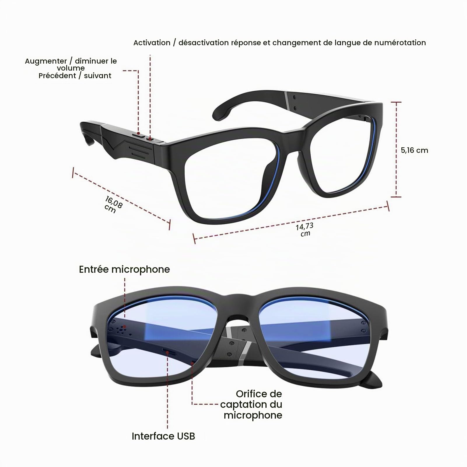 Asixxsix Lunettes Intelligentes, Lunettes Audio Bluetooth Antibruit avec Micro intégré, Filtre de Lumière Bleue, Lunettes Bluetooth Anti-Blocage Bleues Rechargeables pour Hommes et Femmes