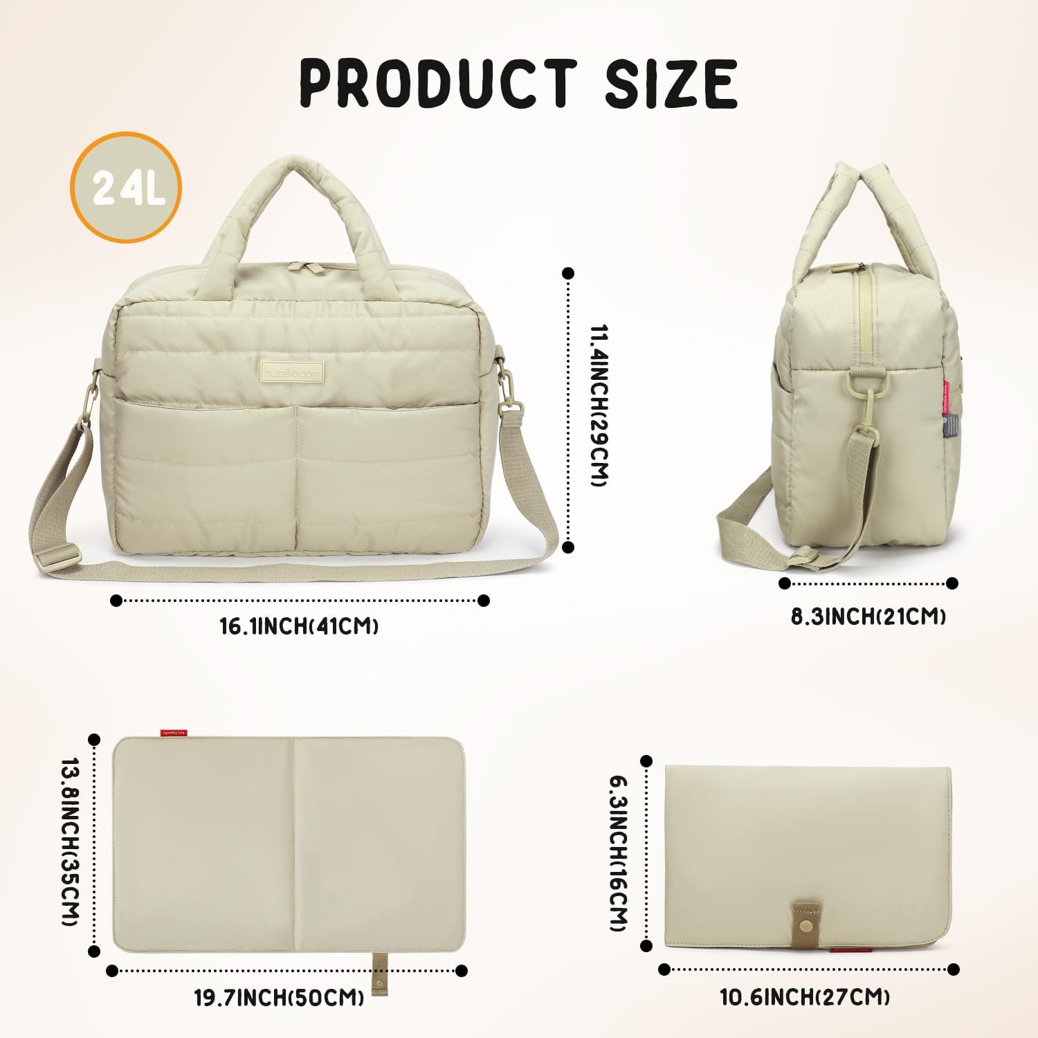 Buzz&Bloom Baby Diaper Bag Tote, Large Capacity Travel, Hospital Bag Functional with Changing Pad and Stroller Attachments.