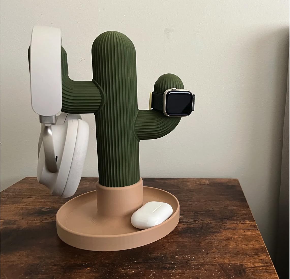 Cactus Headphone Stand with Watch Holder & Organiser Tray | 3-in-1 Desktop Stand, 27 cm Height, Green & Sand Colour, For Smartwatch & Earbuds, Modern Design-image-47
