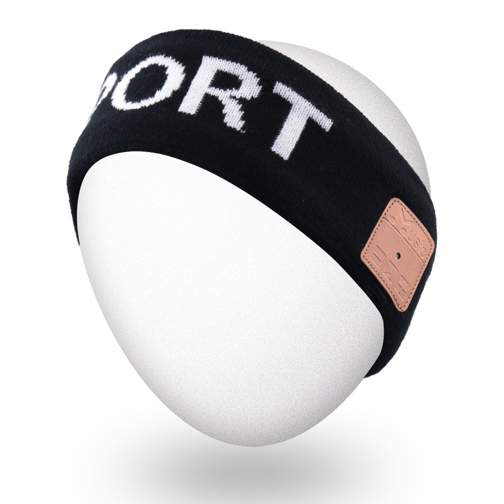 Rotibox Lightweight Sweatproof Bluetooth Headband Headphone Headset Earphone Audio Music Headband Speakerphone w/Stereo Speaker & Microphone Hands-free for Gym Exercise Fitness Sports Running - Black