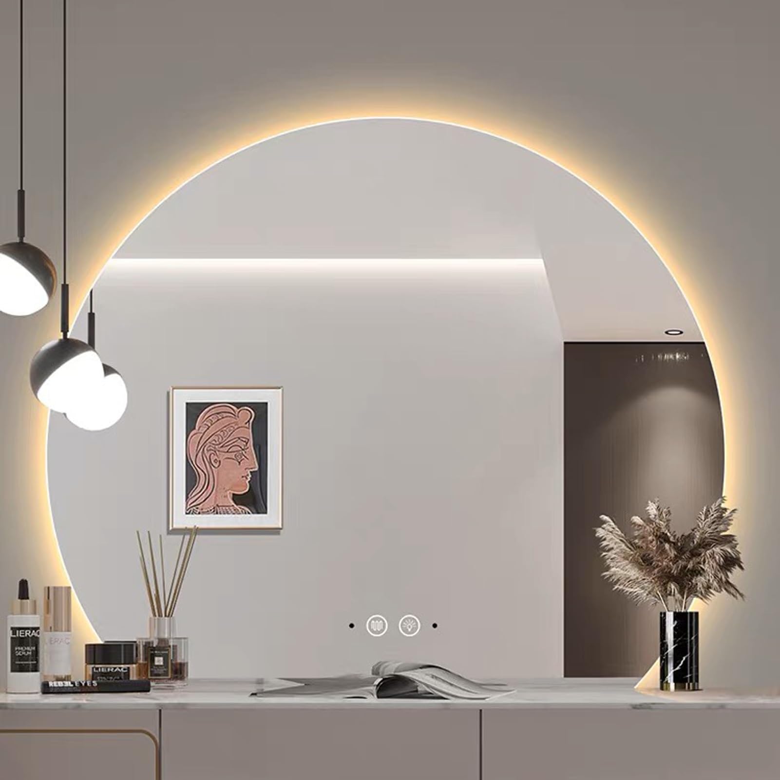 SXFSDOU LED Vanity Mirror with Touch Sensor & Demister, Wall Mounted, 31.9x35.4in (81x90cm) - Illuminated Bathroom for Makeup Grooming, Anti-Fog Design