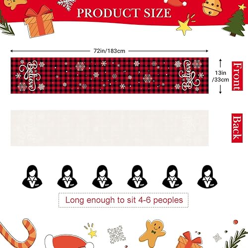 Miniatura 3 de OTOSTAR Camino de mesa de lino navideño, diseño de copos de nieve a cuadros rojos y negros, camino de mesa para cocina, comedor, decoración para