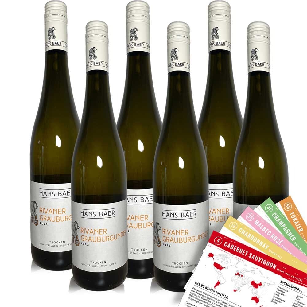 Hans Baer Rivaner Grauburgunder, trocken, sortenreines Weinpaket + VINOX Winecards (6x0,75l)