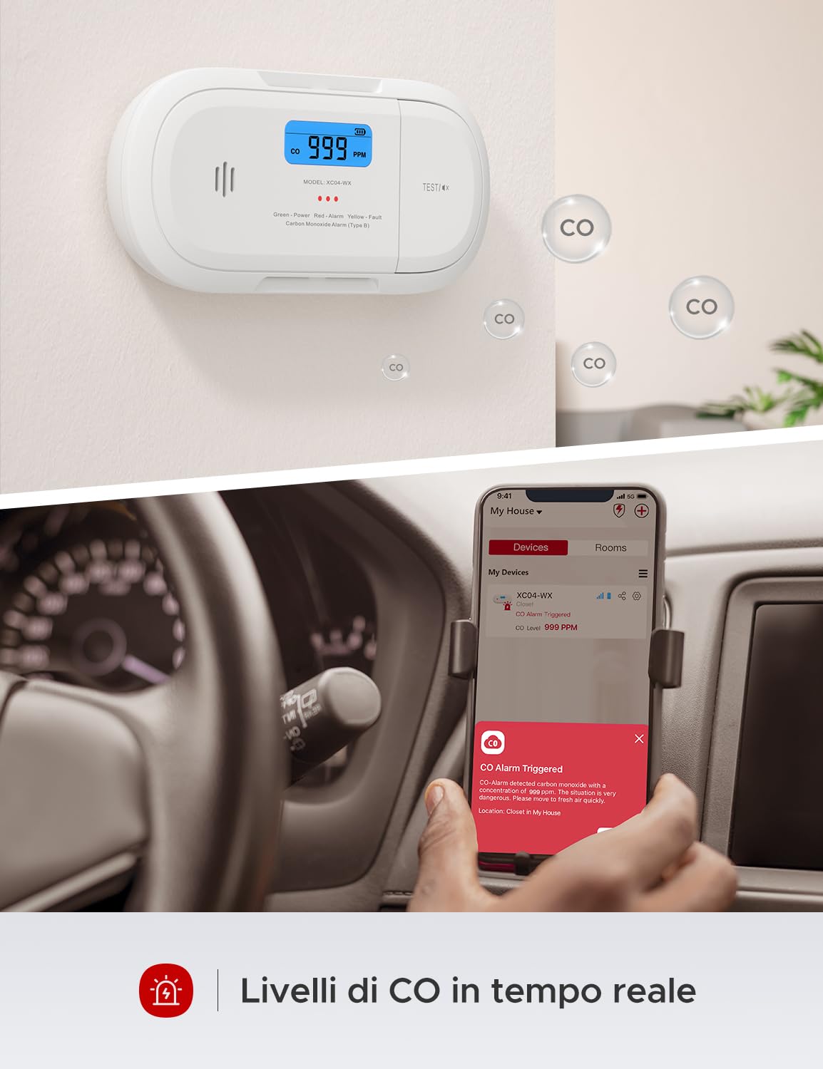 X-Sense rilevatore di monossido di carbonio Wi-Fi, notifiche in tempo reale tramite App X-Sense Home Security, allarme intelligente con batteria sostituibile, EN 50291 conformi, XC04-WX