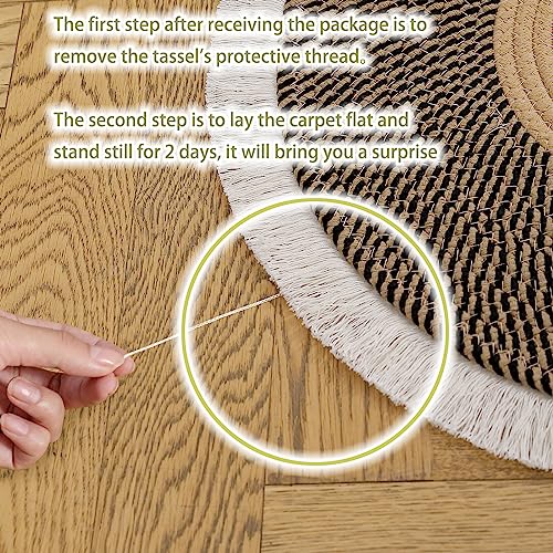 Image of Cotton Rope Rounds Rug with Tassels - Handwoven Bohemian Carpet for Living Room, Bedroom, Pooja & Home Decor, Soft & Washable Floor Mat, Beige & Black, 7x7 feet