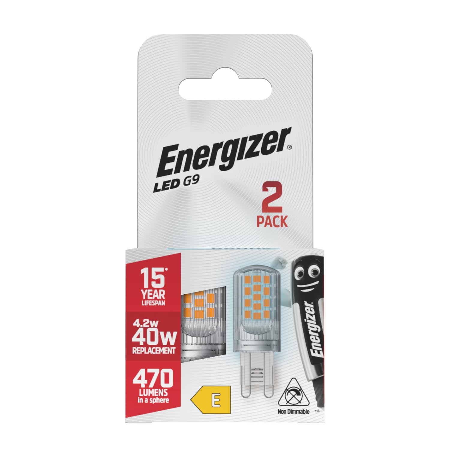 Energizer G9 LED Light Bulb. 4.2W (40w Halogen Equivalent) 220-240V. 470 Lumens. Bi-Pin Base Energy Saving. 2 Pack. Daylight 6500k
