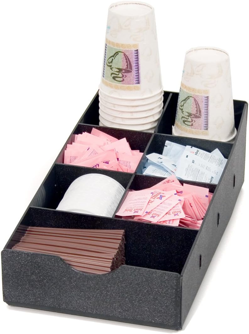 7-Compartment Black Plastic Condiment Caddy, Modern Style, 8.5 x 16 x 5.25 Inches