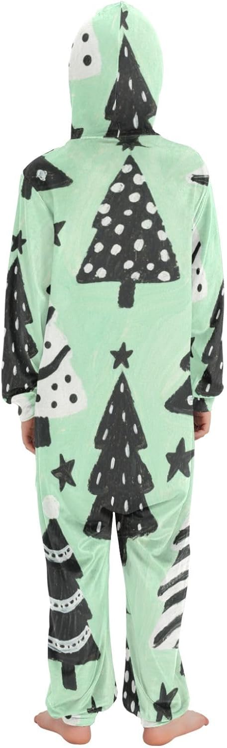 Merry Christmas with Mint and Green Trees Soft Warm Pajama Hooded One-Piecing Loungewear Sleepwear for Parties
