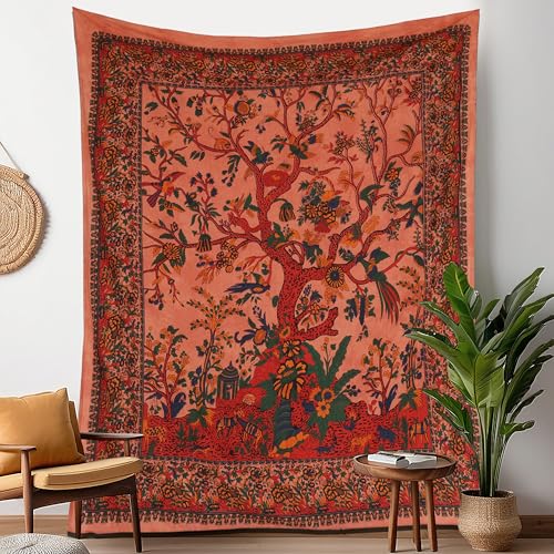 Craft Trade Orange Baum Wandteppich Indische Wandtuch Tapestry Wandbehang Boho Wandteppiche für...