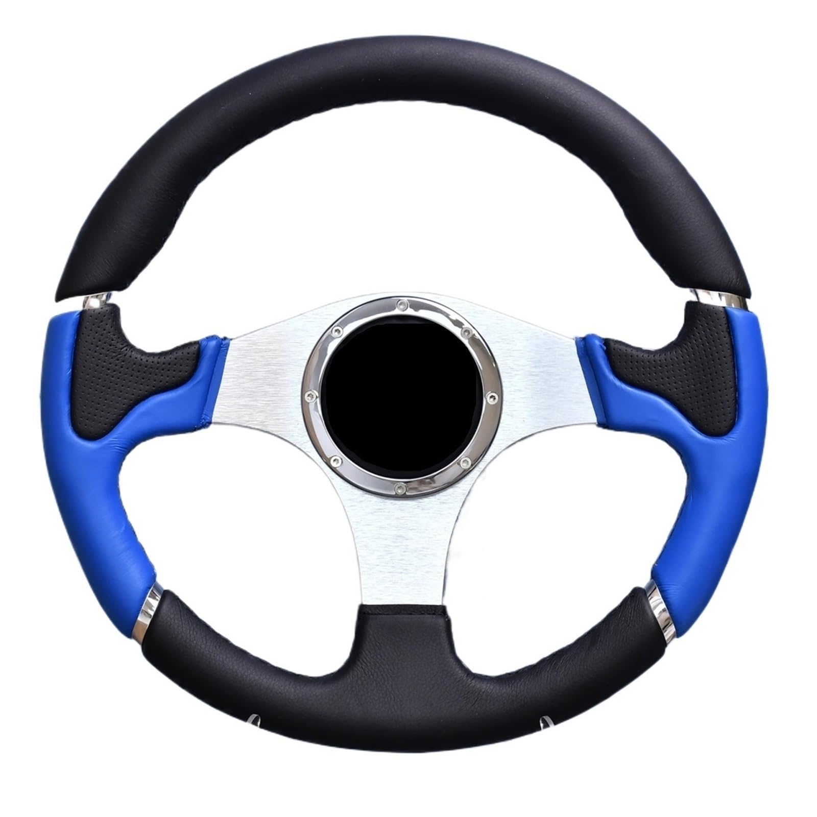 Volante da corsa classico in pelle blu da 350 mm, staffa argentata, misura universale per auto sportive, drift e uso su strada, impugnatura antiscivolo e design elegante