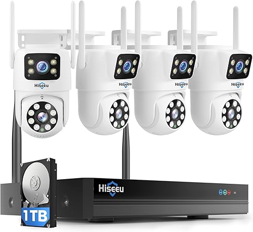 Hiseeu Sistema de cámara de seguridad inalámbrica WiFi Pro y fuente de alimentación Kit de 4 cámaras, lente dual, sin suscripción, cámaras de