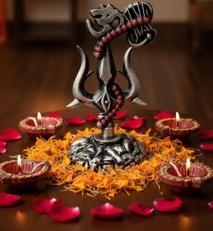 Image of Shivji Trishul Damru and Aum Idol for Mandir, Shiva Idol Car Dashboard Decoration Items Statue Metal Showpiece for Pooja Room Home Decor