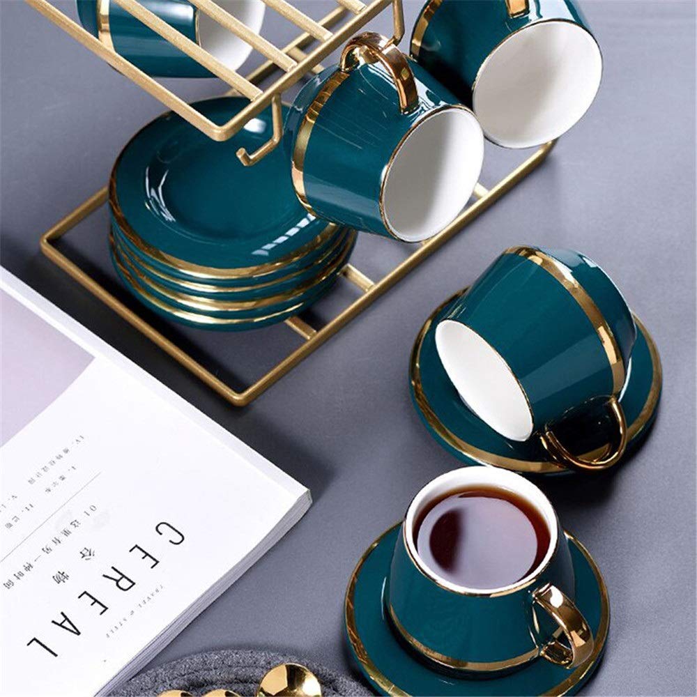 IXOAKQ Afternoon Tea Sets, 13 Pieces Gold Trim Nordic Style for Party and Dinner Glazed Porcelain Coffee and Tea Service with 6 Piece Cups and Bracket (Green)