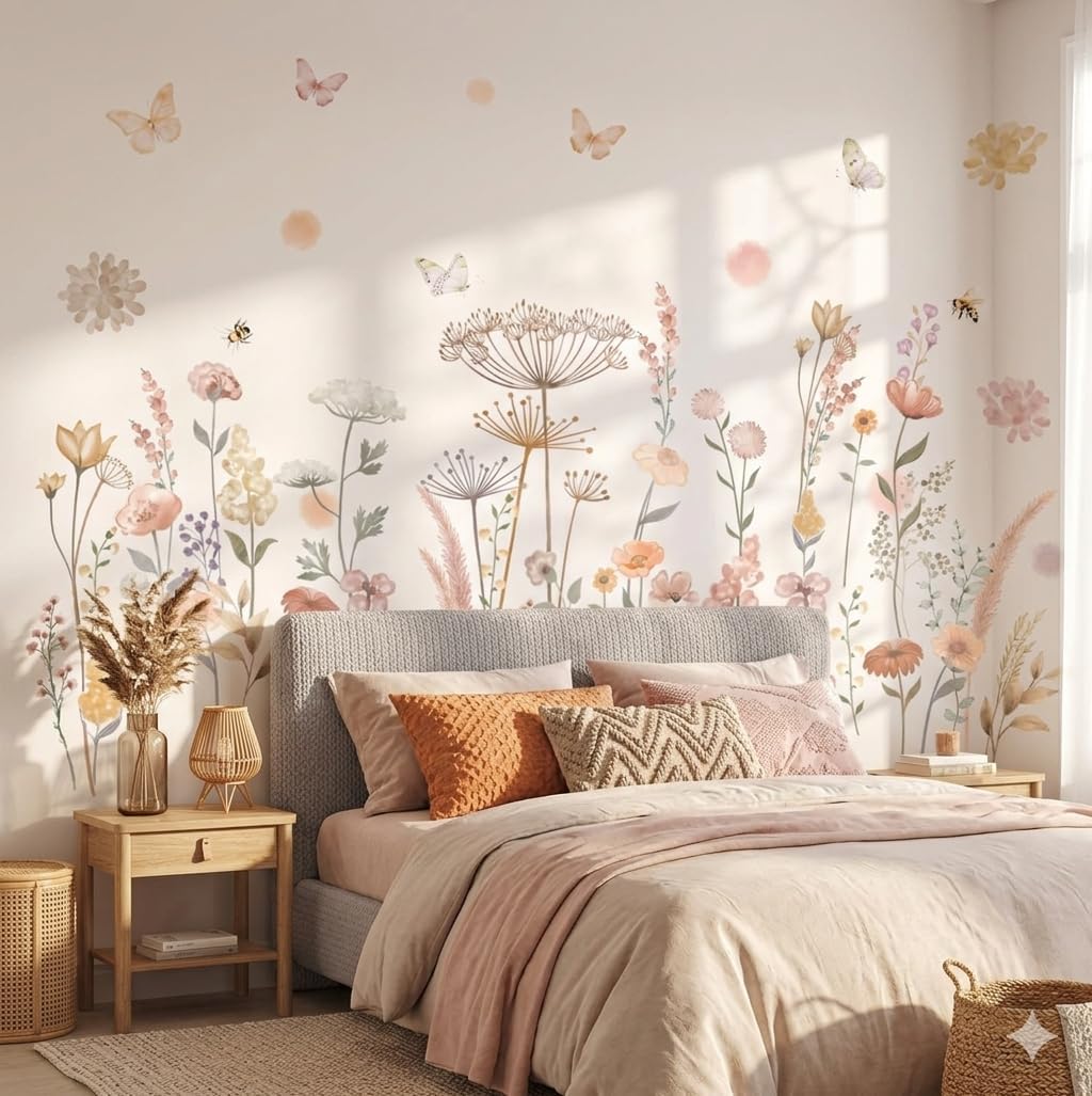 DECOWALL SG2-2421 Watercolor Boho Flowers Wall Decal Stickers Décor Home Wildflower Floral Dandelion Grass Plants Baby Nursery Girls Bedroom Kids Living Room Bee Peel and Stick Art Flower Vintage