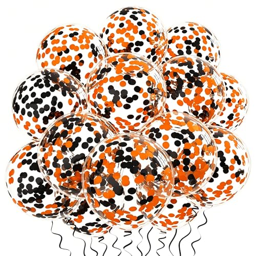 Image of Orange Black Confetti Balloons 25 Pcs, 12 Inch Thickened Clear Latex Balloon with Confetti Inside for Halloween Party Decorations Birthday Baby Shower Bridal Shower Decoration Supplies