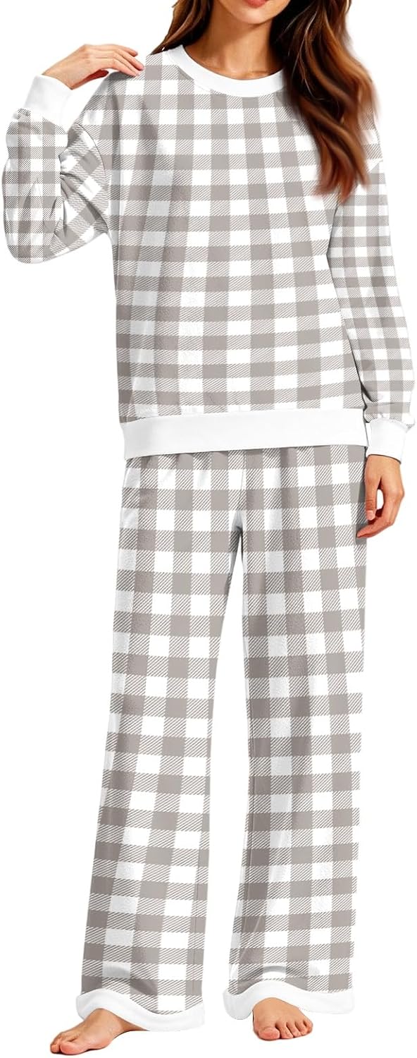 Lounge Sets for Women Pajamas Set for Fall 2 Piece Plaid Pjs Sets Warm Soft Fluffy Travel Vacation Essentials Outfits