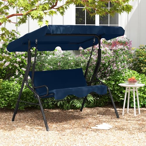 Image of Tangkula 3 Person Porch Swing, Patio with Removable Cushion & Powder-Coated Steel Frame, Outdoor Swing with Canopy for Porch, Backyard, Garden, Balcony(Navy)