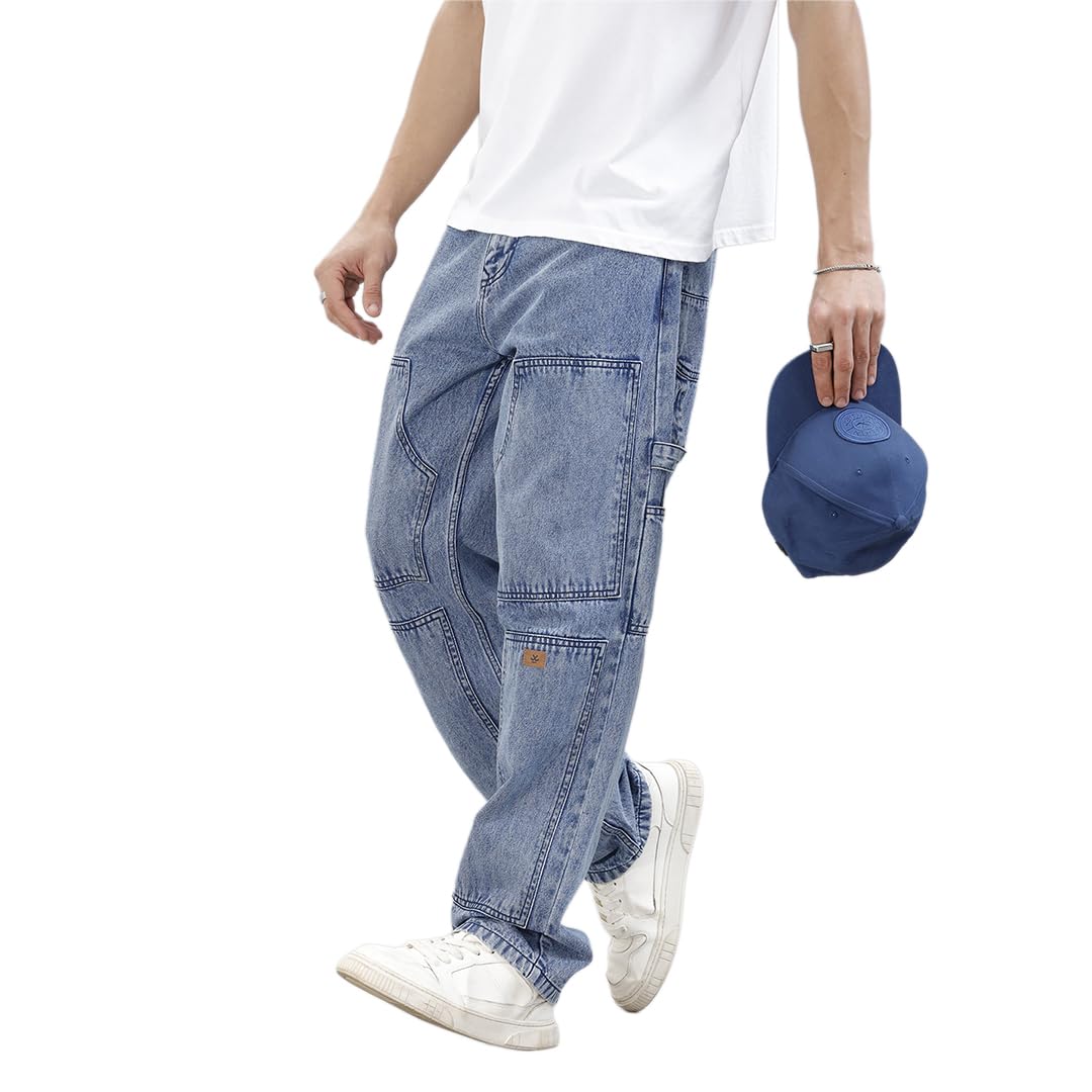 wrogn Men's Cotton Blend Carpenter Jeans | Solid | Loose Fit | Light Blue | 32-picture-57