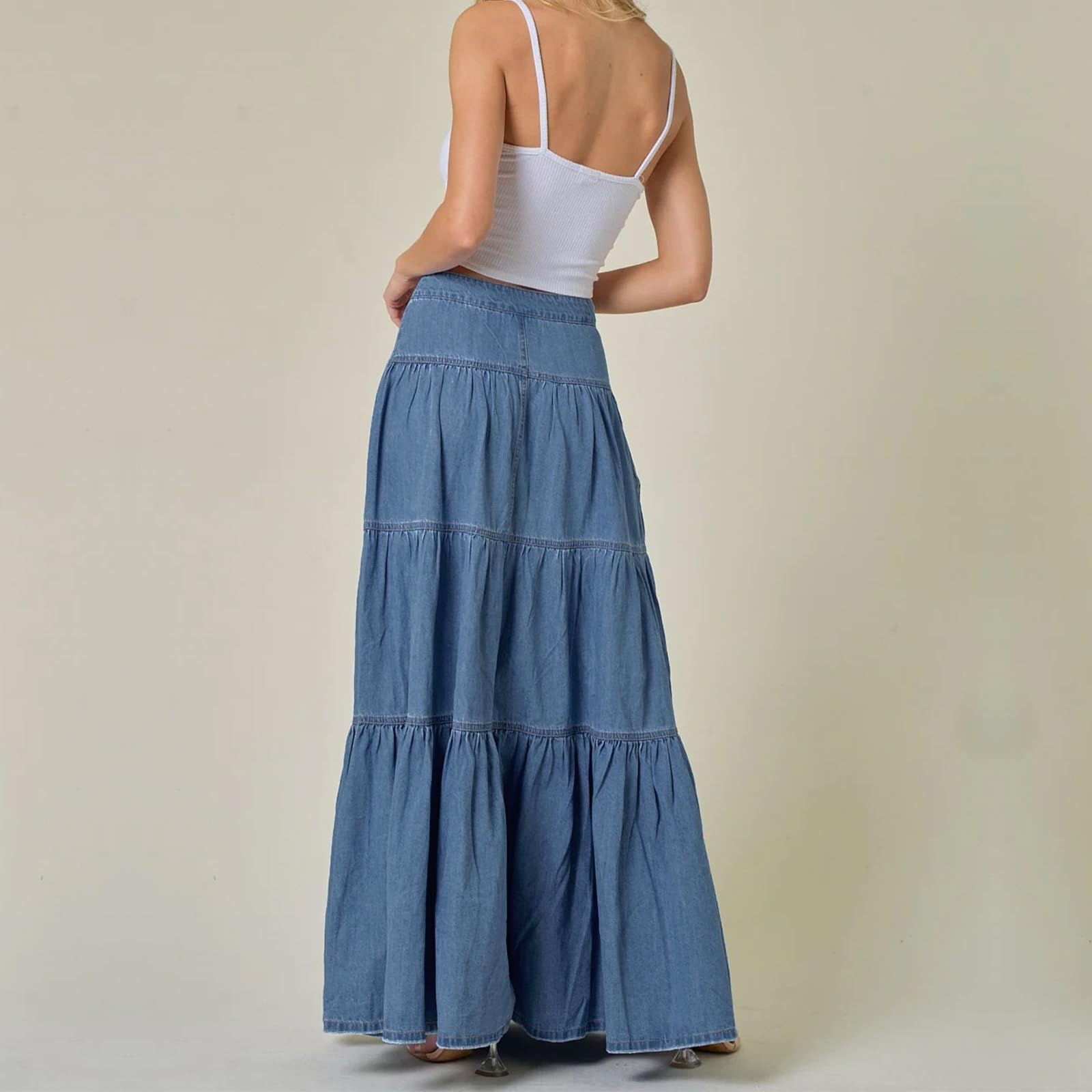 Jeansrock Damen Lang Maxirock High Waist Denim Rock A-Linie mit Taschen Elegant Stufenrock Knopfleiste Boho Lange Röcke für Frauen Sommer Freizeitrock Vintage Style Stretch Baumwolle
