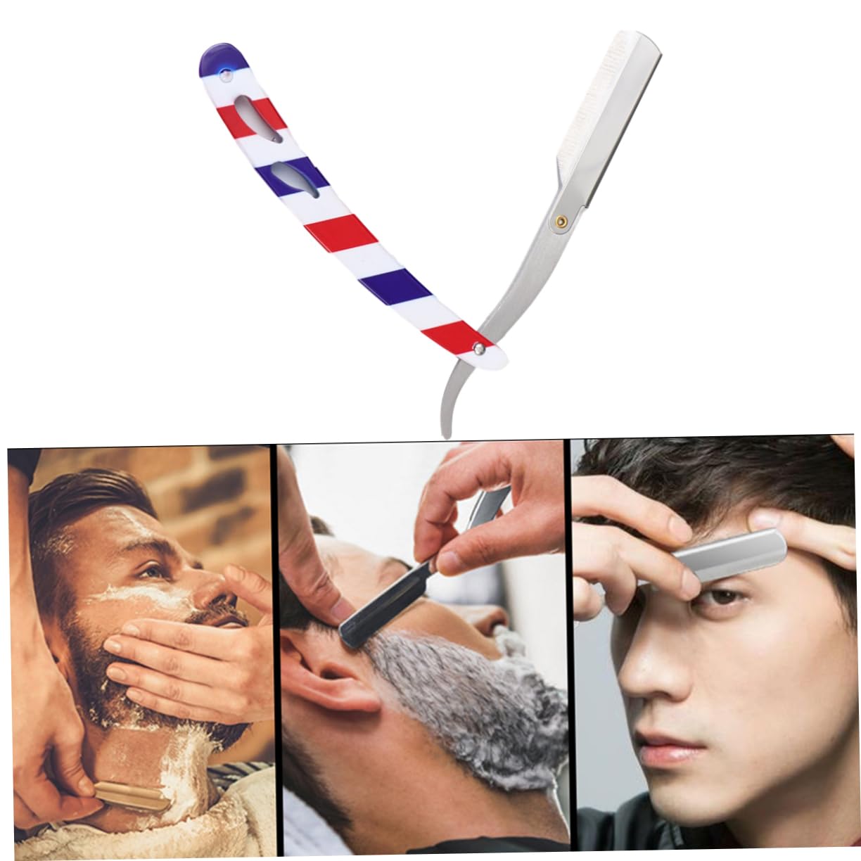 minkissy 3stücke Manueller Rasierer Für Herren Vintage Rasiermesser Für Bart Und Augenbrauenpflege Rot-blau-weiß Gestreift Sicher Und Hautschonend Ohne Klingen Für Friseursalons