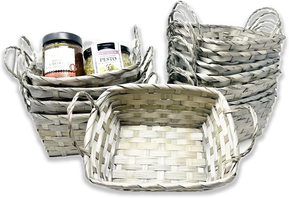 12 Pack Premium Handmade 8” Antique Grey Rectangular Bamboo Utility Baskets with Ear Handles – Multipurpose Storage for Events, Bathroom Vanity, Pantry, Gifts & Decorative Baskets – Bulk Supply Set