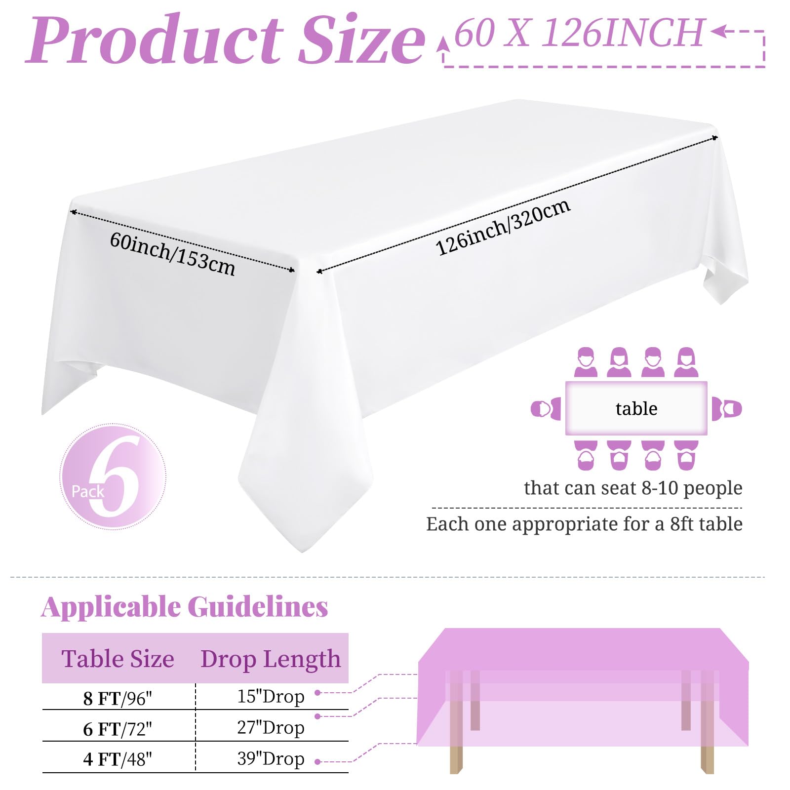 6 Packungen weiße rechteckige Polyester-Tischdecke, 153 x 320 cm, Tischdeckenbezug aus Polyesterstoff, für rechteckige Tische im Innen- und Außenbereich, Hochzeit, Geburtstag, Party, Tischdekoration