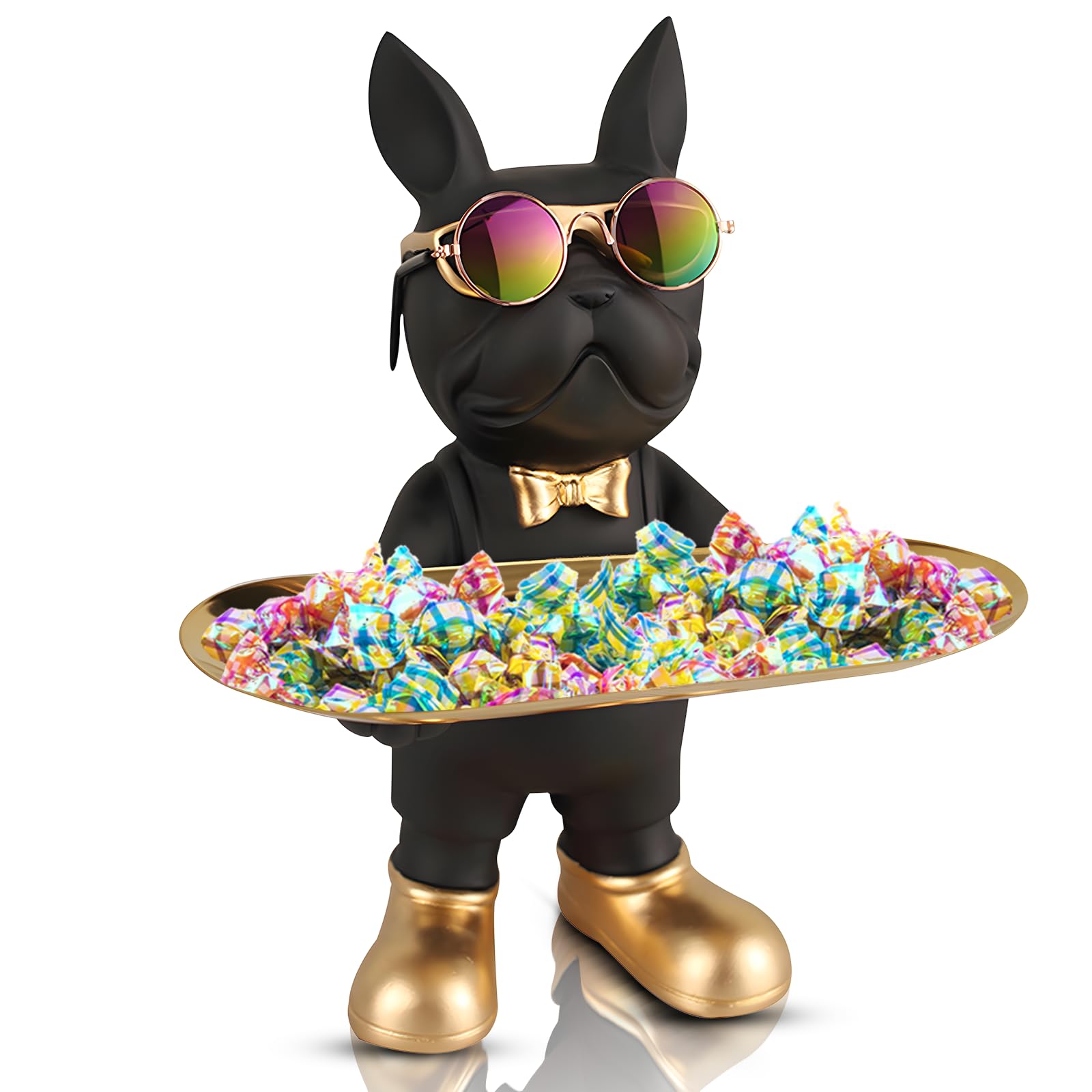 Huhote Black French Bulldog Statue,Resin Bulldog Decor With Tray, Candy Dish Key Holder Bowl Storage Ornament Sculpture For Home Decor,Accessories For Office Desk Figurines Entryway Table Decor (Standing,)
