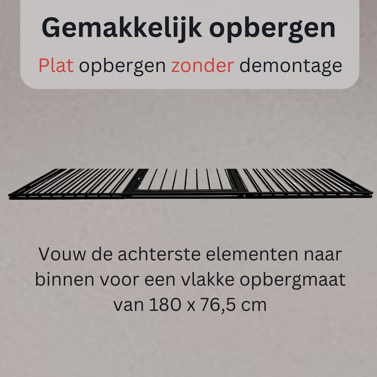 Image showing the ZenZee Fireplace Safety Gate folded flat for easy storage, with dimensions of 180 x 76.5 cm.
