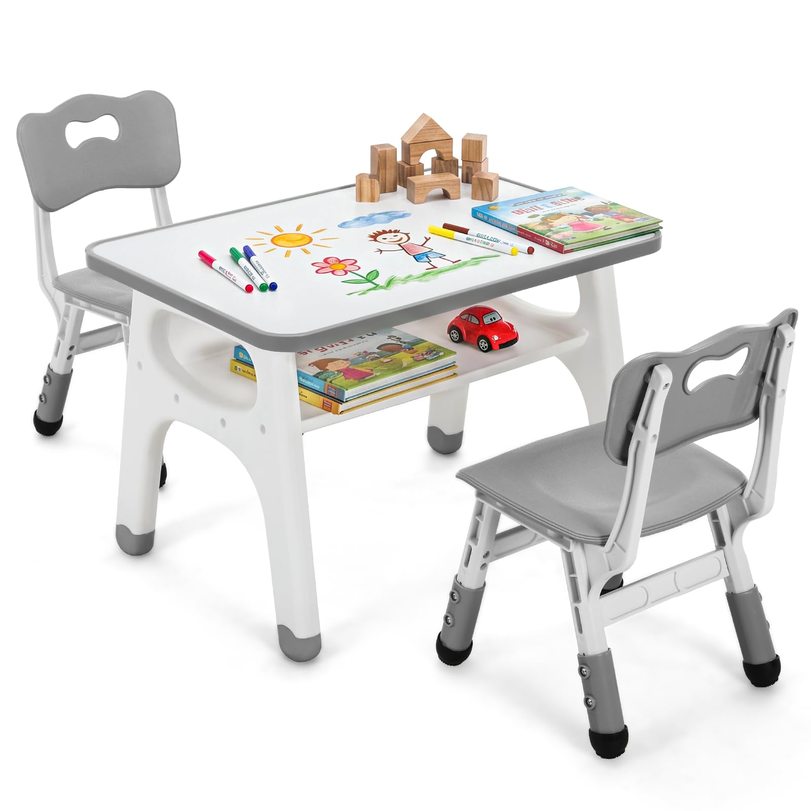 MAMIZO Kindertisch-Stuhl Set, Kindersitzgruppe mit 2 höhenverstellbaren Stühlen, Maltisch für Kinder mit bemalbarer Tischplatte & Stauraum, multifunktionaler Kinderspieltisch 70x50 cm, Grau